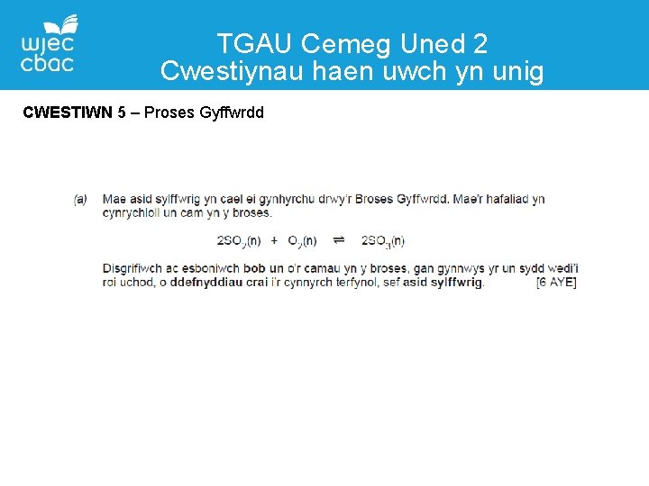 TGAU Cemeg Uned 2 Cwestiynau haen uwch yn unig CWESTIWN 5 – Proses Gyffwrdd