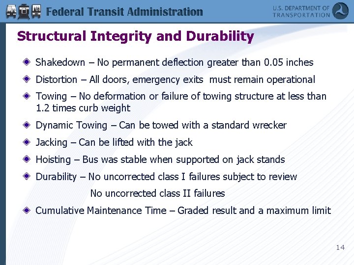 Structural Integrity and Durability Shakedown – No permanent deflection greater than 0. 05 inches