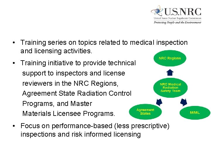  • Training series on topics related to medical inspection and licensing activities. •
