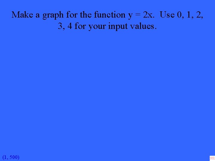 Make a graph for the function y = 2 x. Use 0, 1, 2,