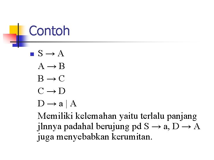 Contoh n S→A A→B B→C C→D D→a|A Memiliki kelemahan yaitu terlalu panjang jlnnya padahal