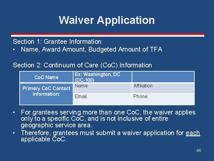 Waiver Application Section 1: Grantee Information • Name, Award Amount, Budgeted Amount of TFA
