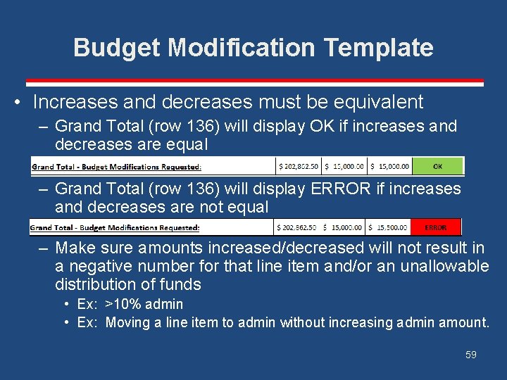 Budget Modification Template • Increases and decreases must be equivalent – Grand Total (row