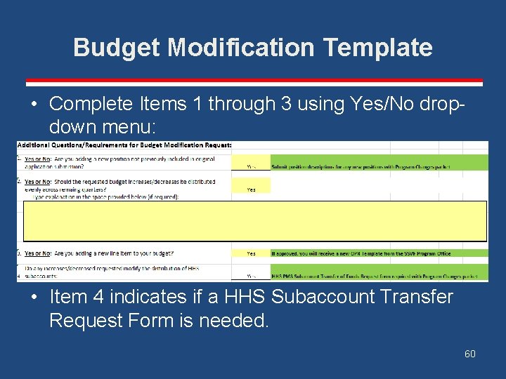 Budget Modification Template • Complete Items 1 through 3 using Yes/No dropdown menu: •