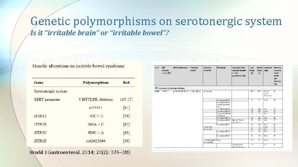 Genetic polymorphisms on serotonergic system Is it “irritable brain” or “irritable bowel”? World J