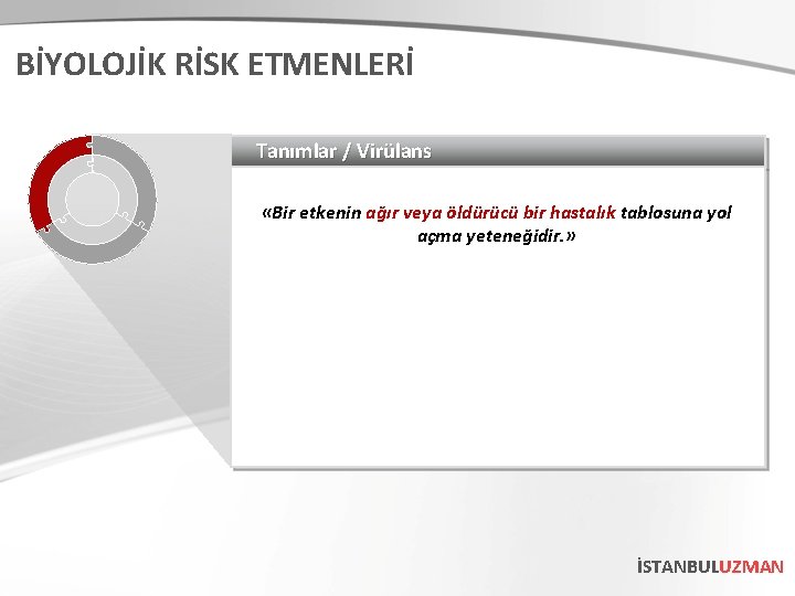 BİYOLOJİK RİSK ETMENLERİ Tanımlar / Virülans «Bir etkenin ağır veya öldürücü bir hastalık tablosuna