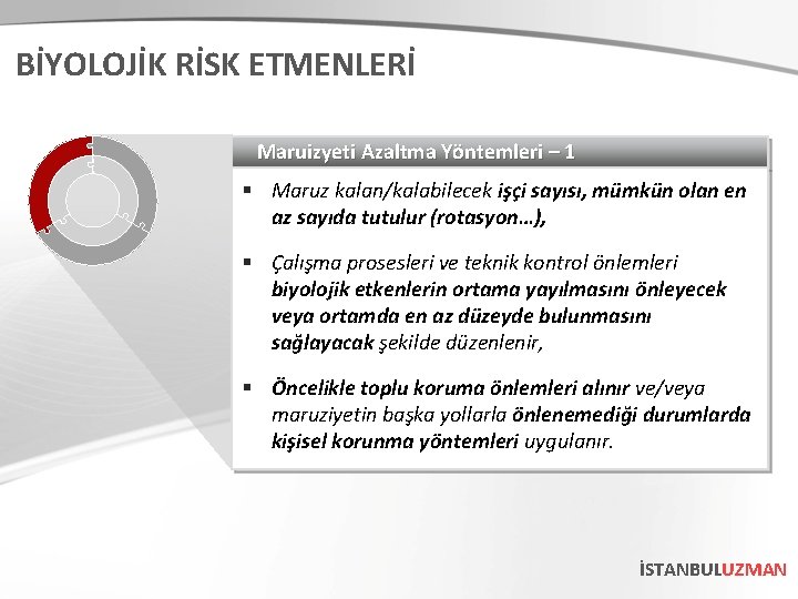 BİYOLOJİK RİSK ETMENLERİ Maruizyeti Azaltma Yöntemleri – 1 § Maruz kalan/kalabilecek işçi sayısı, mümkün