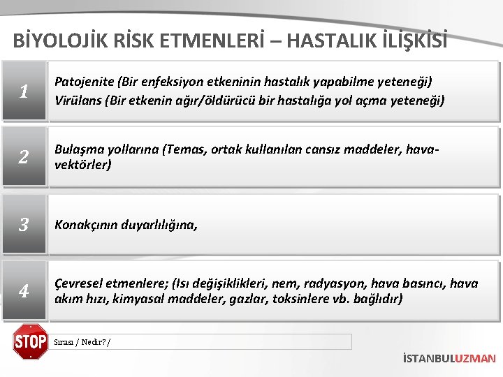 BİYOLOJİK RİSK ETMENLERİ – HASTALIK İLİŞKİSİ 1 Patojenite (Bir enfeksiyon etkeninin hastalık yapabilme yeteneği)