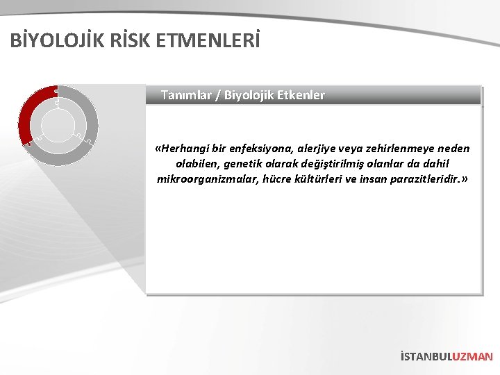 BİYOLOJİK RİSK ETMENLERİ Tanımlar / Biyolojik Etkenler «Herhangi bir enfeksiyona, alerjiye veya zehirlenmeye neden