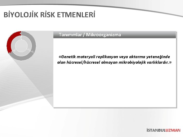 BİYOLOJİK RİSK ETMENLERİ Tanımmlar / Mikroorganizma «Genetik materyali replikasyon veya aktarma yeteneğinde olan hücresel/hücresel