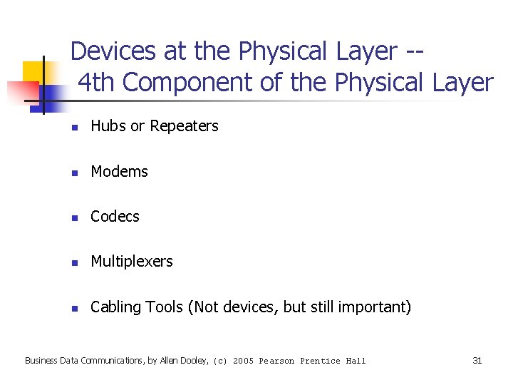Devices at the Physical Layer -4 th Component of the Physical Layer n Hubs