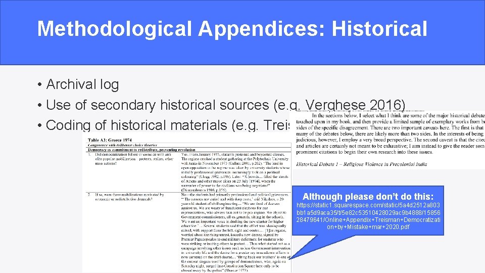Methodological Appendices: Historical • Archival log • Use of secondary historical sources (e. g.