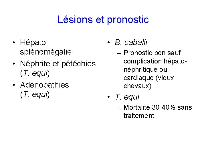 Lésions et pronostic • Hépatosplénomégalie • Néphrite et pétéchies (T. equi) • Adénopathies (T.