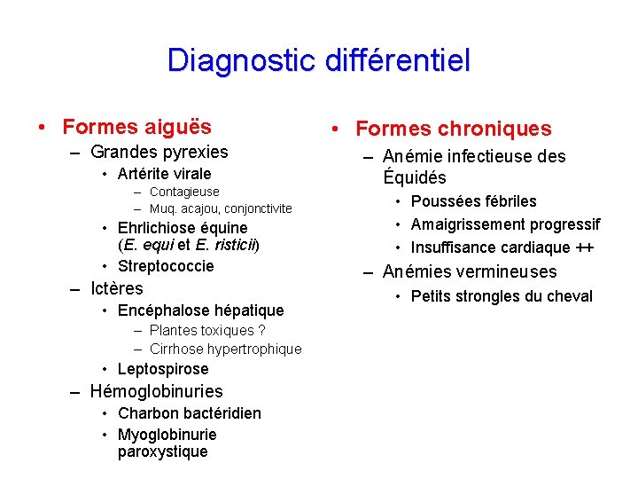 Diagnostic différentiel • Formes aiguës – Grandes pyrexies • Artérite virale – Contagieuse –