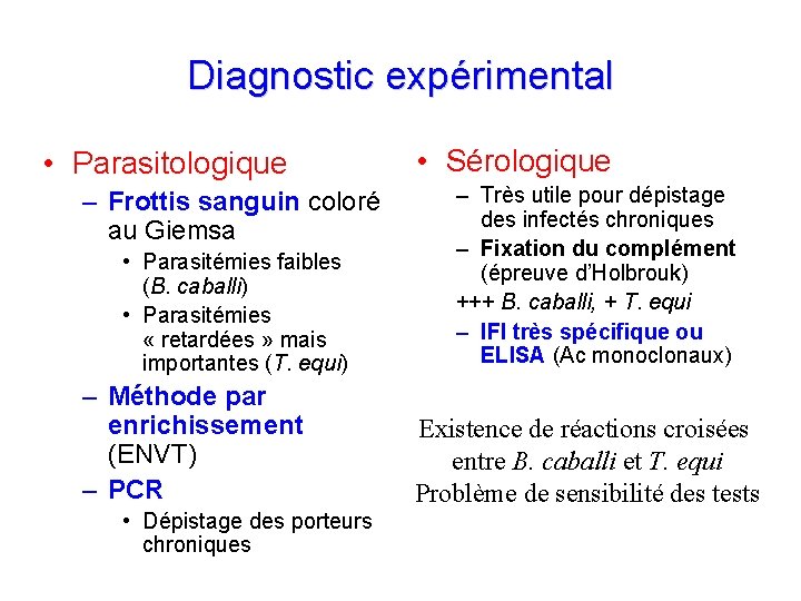 Diagnostic expérimental • Parasitologique – Frottis sanguin coloré au Giemsa • Parasitémies faibles (B.