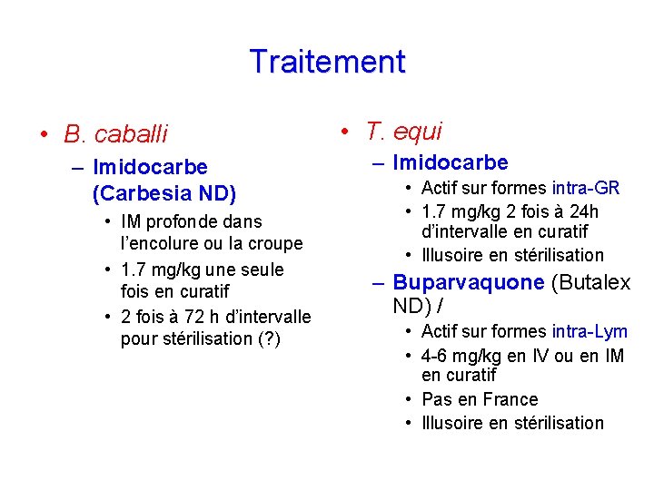 Traitement • B. caballi – Imidocarbe (Carbesia ND) • IM profonde dans l’encolure ou