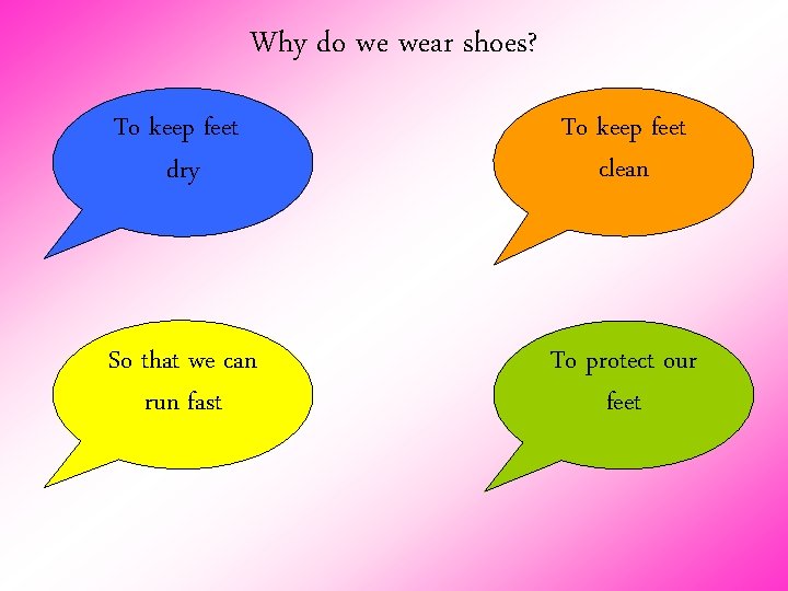 Why do we wear shoes? To keep feet dry To keep feet clean So