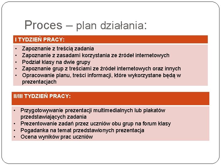 Proces – plan działania: I TYDZIEŃ PRACY: • • • Zapoznanie z treścią zadania