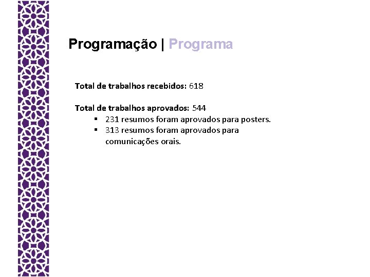 Programação | Programa Total de trabalhos recebidos: 618 Total de trabalhos aprovados: 544 §