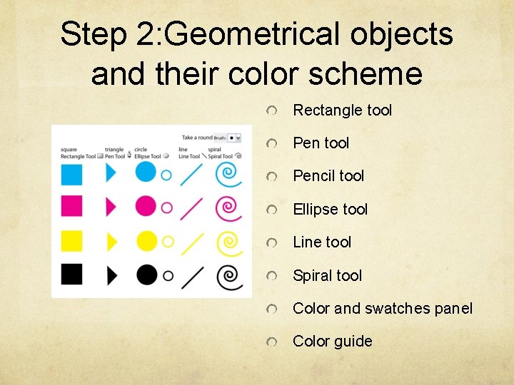 Step 2: Geometrical objects and their color scheme Rectangle tool Pencil tool Ellipse tool