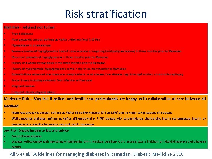 Risk stratification High Risk - Advised not to fast Type 1 diabetes Poor glycaemic