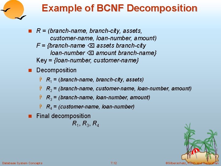 Example of BCNF Decomposition n R = (branch-name, branch-city, assets, customer-name, loan-number, amount) F