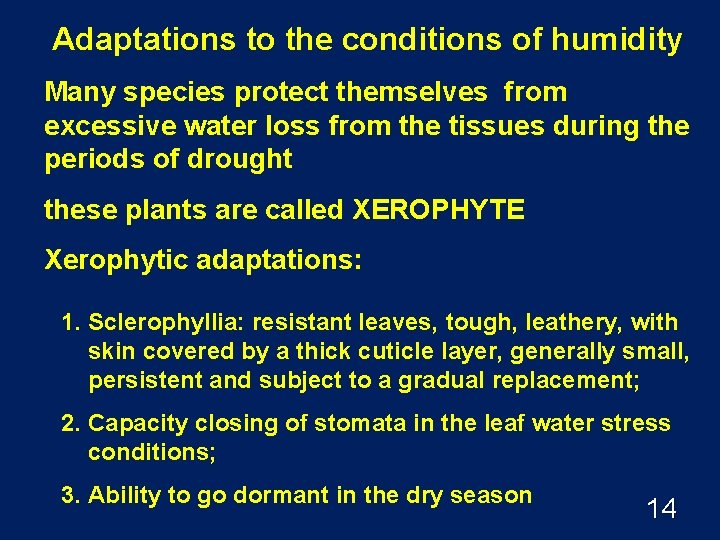 Adaptations to the conditions of humidity Many species protect themselves from excessive water loss