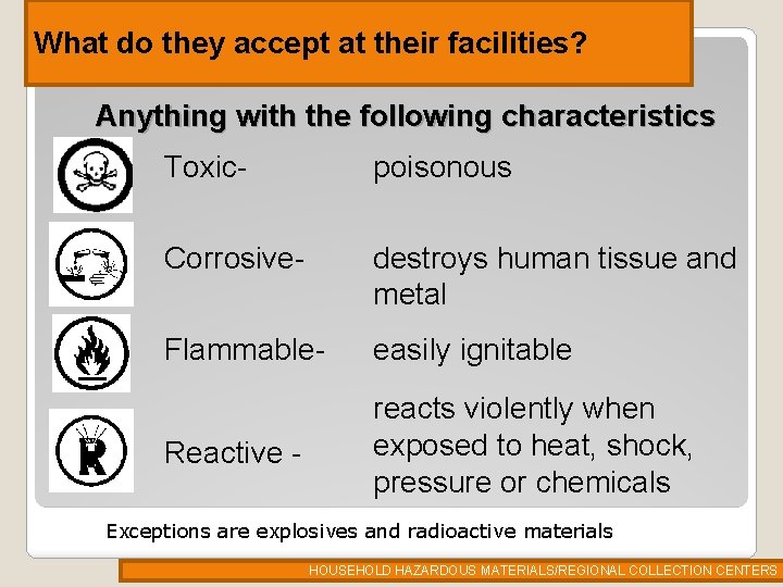 What do they accept at their facilities? Anything with the following characteristics Toxic- poisonous