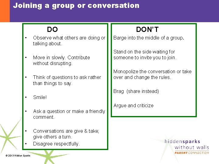 Joining a group or conversation DO • • • Observe what others are doing