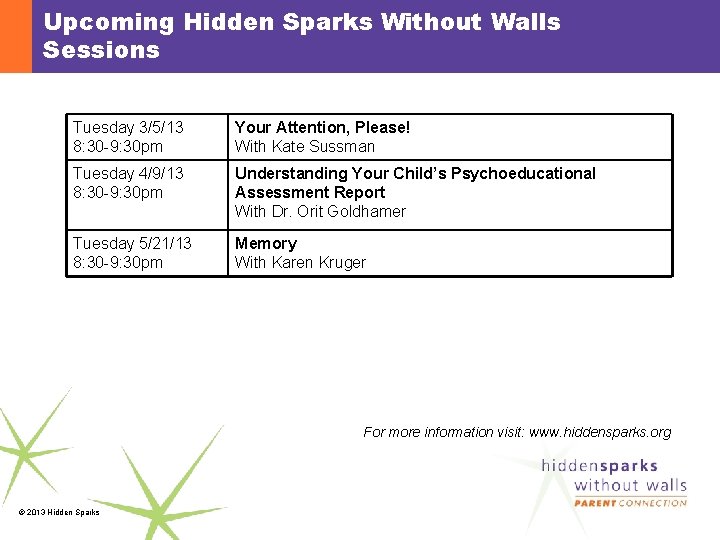 Upcoming Hidden Sparks Without Walls Sessions Tuesday 3/5/13 8: 30 -9: 30 pm Your