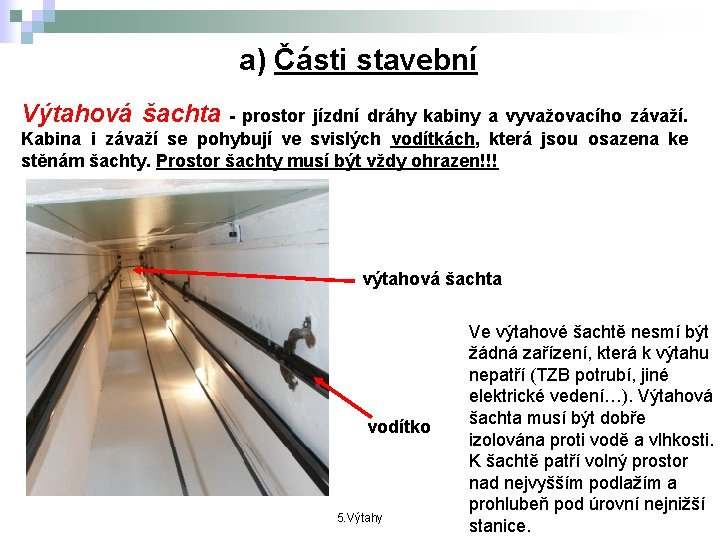 a) Části stavební Výtahová šachta - prostor jízdní dráhy kabiny a vyvažovacího závaží. Kabina