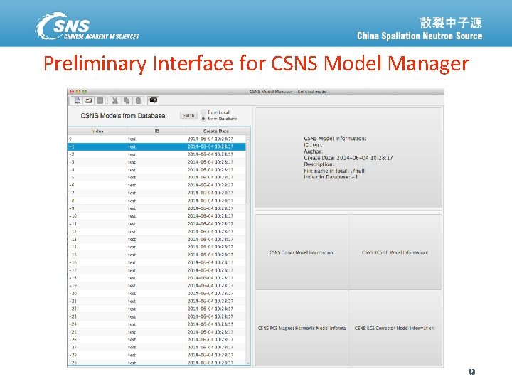 Preliminary Interface for CSNS Model Manager 散裂中子源进展汇报 八月 11, 2014 43 