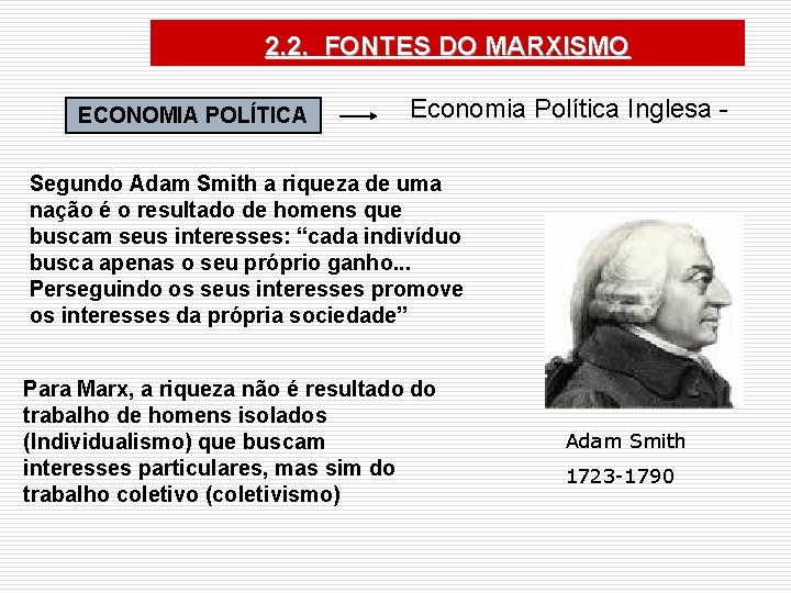 2. 2. FONTES DO MARXISMO ECONOMIA POLÍTICA Economia Política Inglesa - Segundo Adam Smith