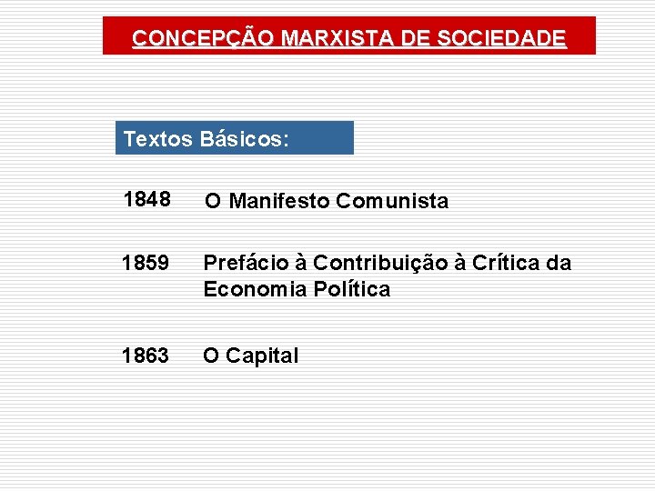 CONCEPÇÃO MARXISTA DE SOCIEDADE Textos Básicos: 1848 O Manifesto Comunista 1859 Prefácio à Contribuição