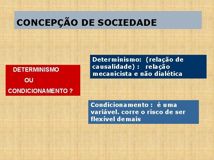 CONCEPÇÃO DE SOCIEDADE DETERMINISMO OU Determinismo: (relação de causalidade) : relação mecanicista e não