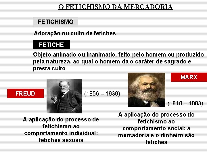 O FETICHISMO DA MERCADORIA FETICHISMO Adoração ou culto de fetiches FETICHE Objeto animado ou