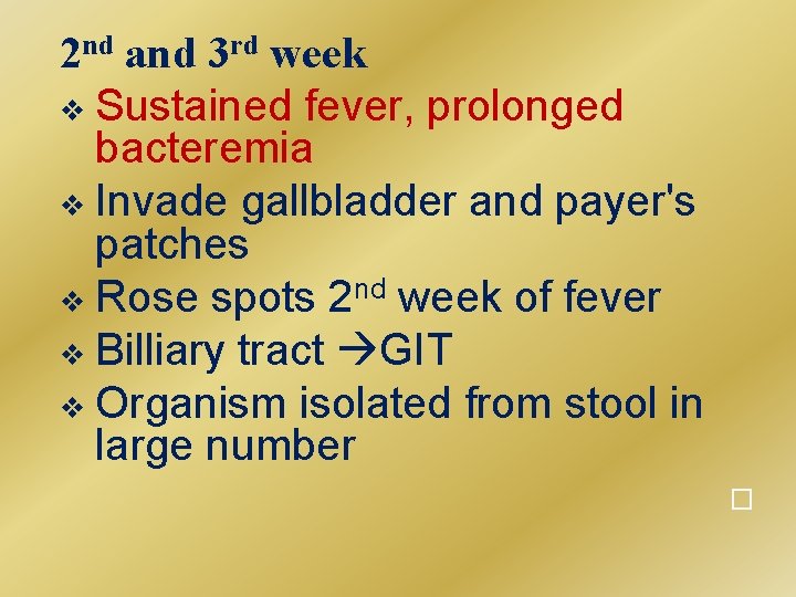 2 nd and 3 rd week v Sustained fever, prolonged bacteremia v Invade gallbladder