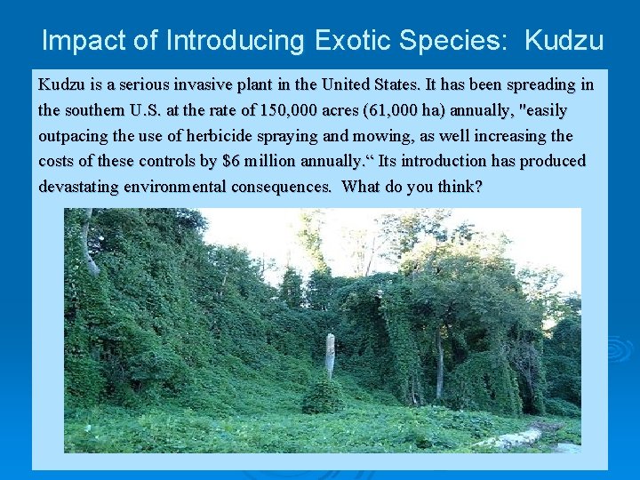 Impact of Introducing Exotic Species: Kudzu is a serious invasive plant in the United