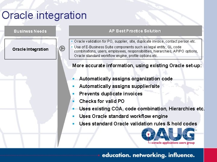 Oracle integration Business Needs Oracle Integration AP Best Practice Solution • Oracle validation for