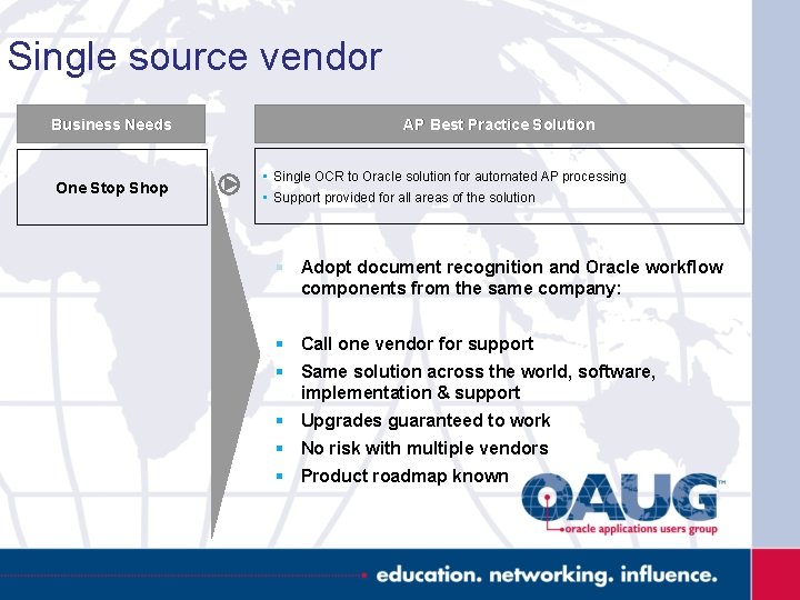 Single source vendor Business Needs One Stop Shop AP Best Practice Solution • Single