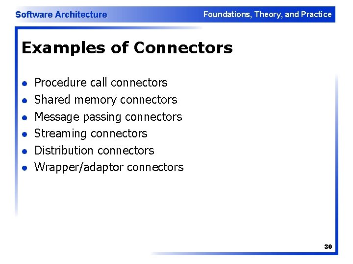 Software Architecture Foundations, Theory, and Practice Examples of Connectors l l l Procedure call