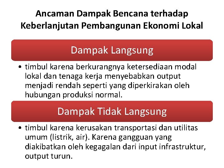 Ancaman Dampak Bencana terhadap Keberlanjutan Pembangunan Ekonomi Lokal Dampak Langsung • timbul karena berkurangnya