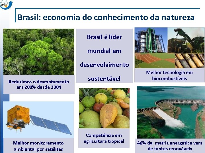 Brasil: economia do conhecimento da natureza Brasil é líder mundial em desenvolvimento Reduzimos o