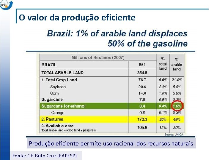 O valor da produção eficiente Produção eficiente permite uso racional dos recursos naturais Fonte: