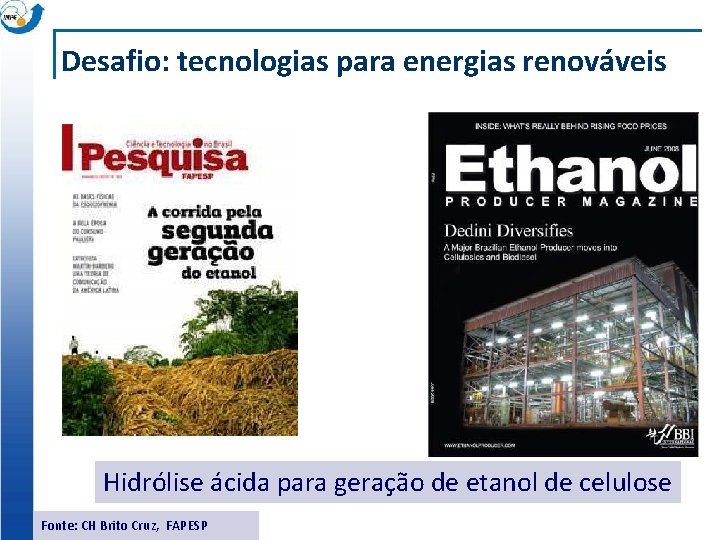 Desafio: tecnologias para energias renováveis Hidrólise ácida para geração de etanol de celulose Fonte: