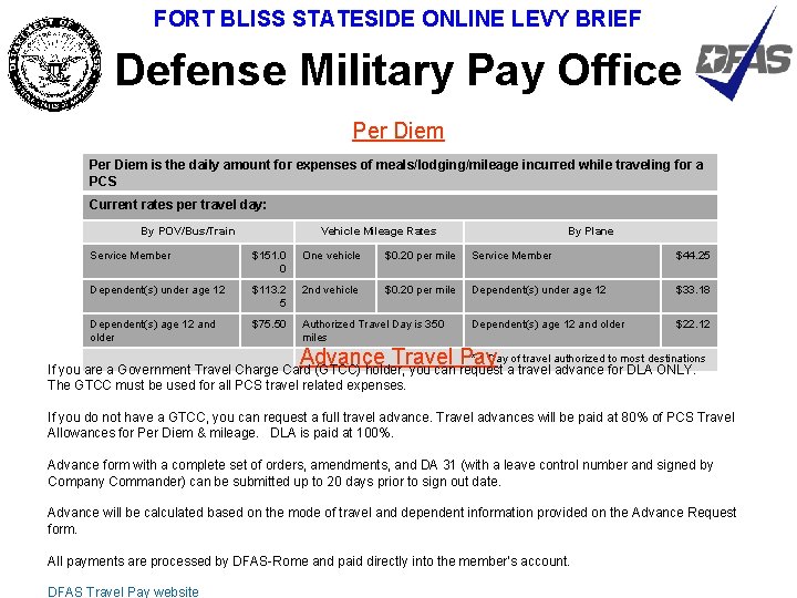 FORT BLISS STATESIDE ONLINE LEVY BRIEF Defense Military Pay Office Per Diem is the