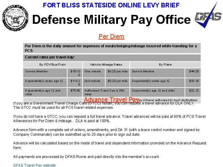 FORT BLISS STATESIDE ONLINE LEVY BRIEF Defense Military Pay Office Per Diem is the