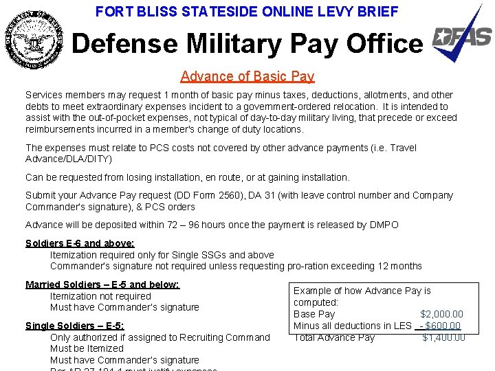 FORT BLISS STATESIDE ONLINE LEVY BRIEF Defense Military Pay Office Advance of Basic Pay