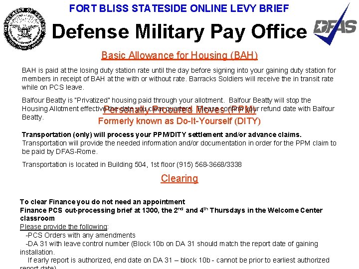 FORT BLISS STATESIDE ONLINE LEVY BRIEF Defense Military Pay Office Basic Allowance for Housing