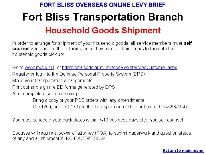 FORT BLISS OVERSEAS ONLINE LEVY BRIEF Fort Bliss Transportation Branch Household Goods Shipment In